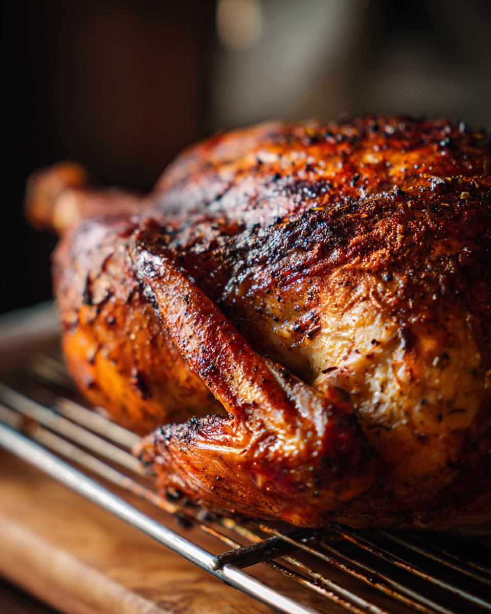 A beautifully roasted turkey, glistening and golden brown, resting on a cooling rack. This turkey was prepared using an amazing turkey brine.