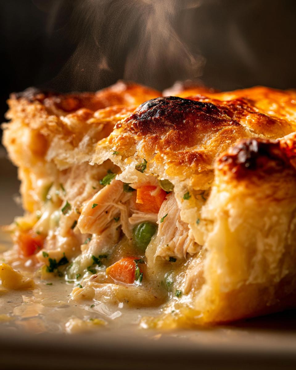 Close-up of a steaming slice of Amazing Turkey Pot Pie, showing flaky crust, shredded turkey, peas, and carrots in creamy sauce.