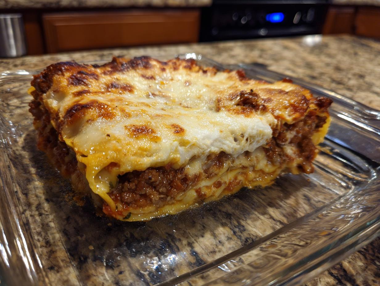 A hearty slice of Amazing Vegetable Lasagna with layers of pasta, meat sauce, and melted cheese.