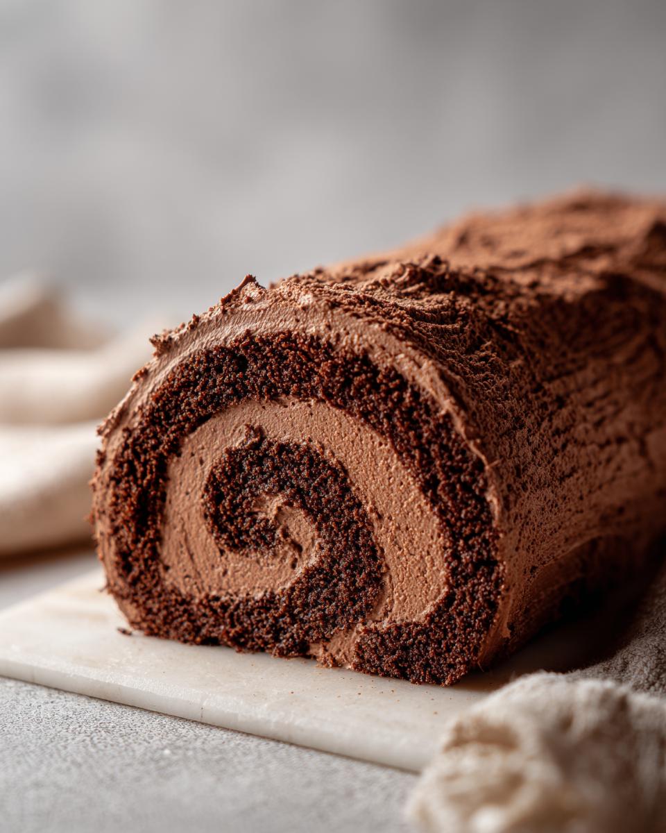 Close-up of a slice of a rich chocolate Yule log cake with creamy frosting and cocoa powder dusting.
