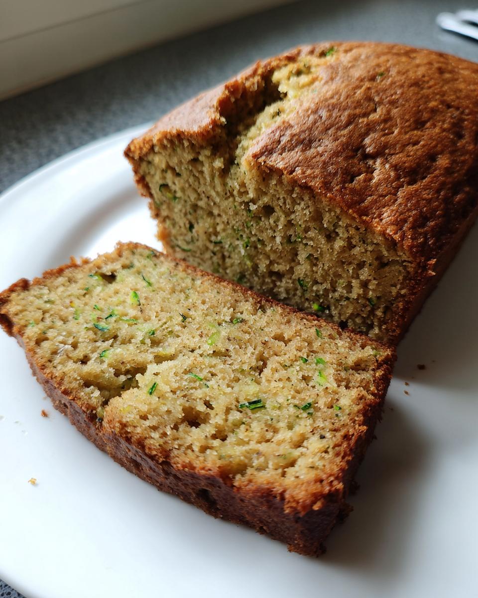 A close-up of a loaf of amazing zucchini bread with one thick slice cut and resting beside it on a white plate.