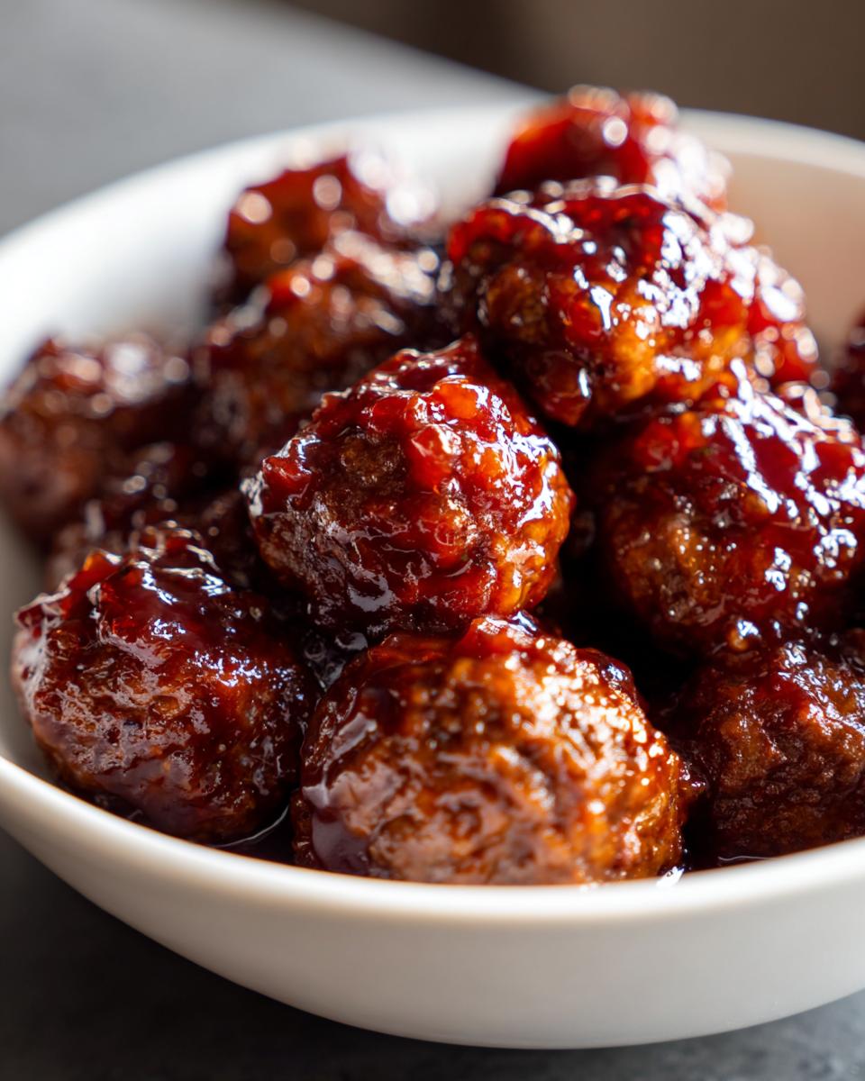 Close-up of savory grape jelly meatballs coated in a thick, glossy, dark red sauce, served in a white bowl.
