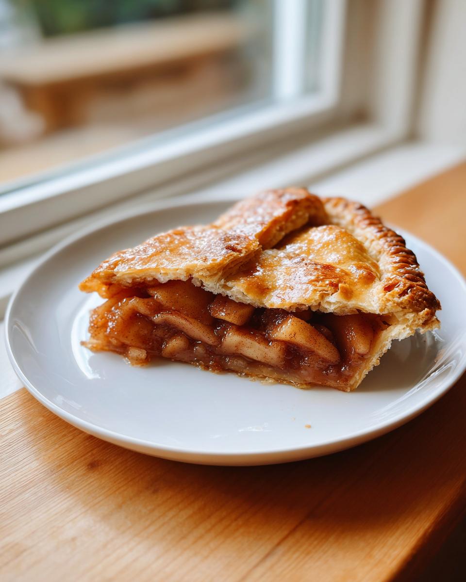 A generous slice of golden brown apple galette showing spiced apple filling, served on a white plate.