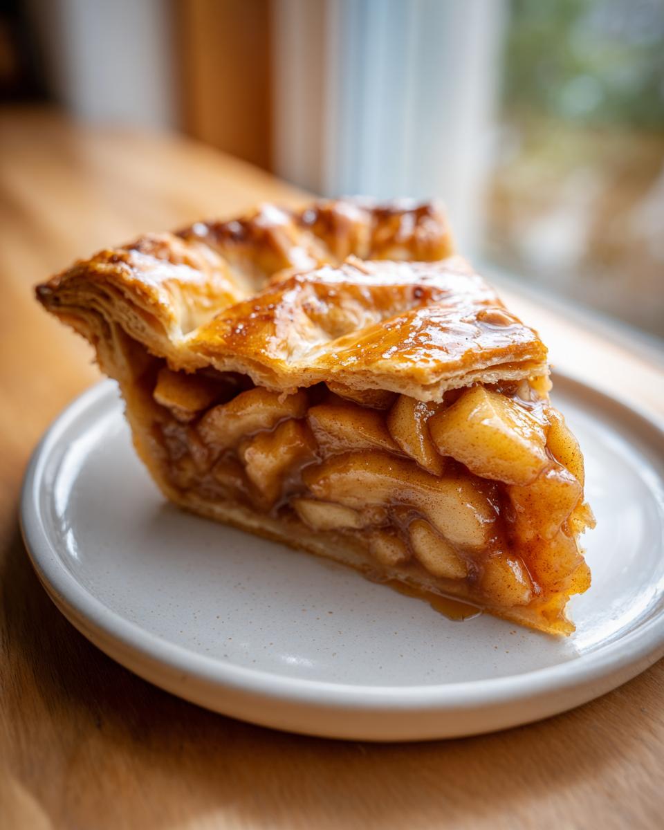 Close-up of a generous slice of apple galette showing flaky crust and rich, cinnamon-spiced apple filling.
