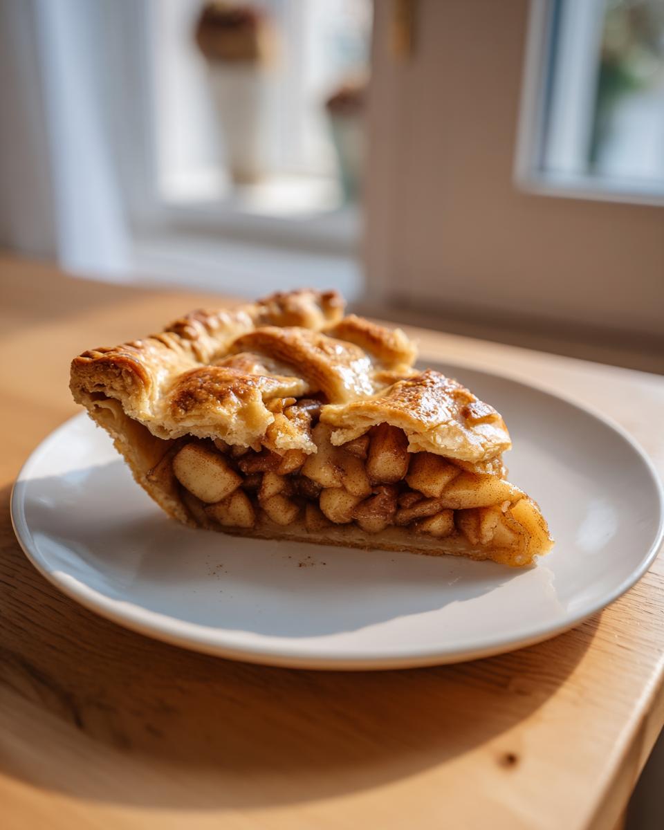 A close-up slice of a homemade apple galette showing a rich, cinnamon-spiced apple filling and flaky lattice crust.