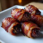 Close-up of several delicious bacon-wrapped dates, glistening and golden brown, piled on a white plate.