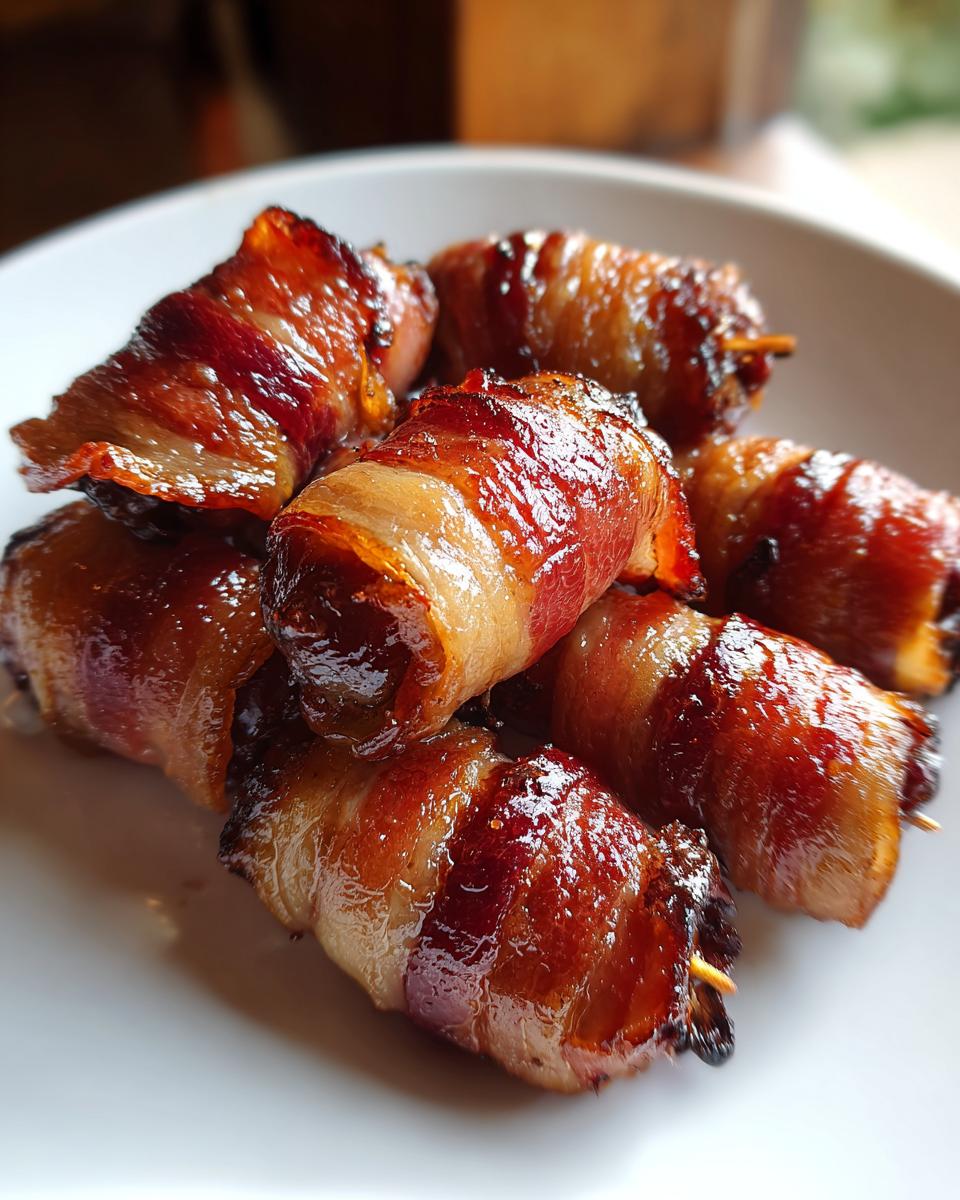 A pile of glistening, perfectly cooked bacon-wrapped dates on a white plate, ready to be served.