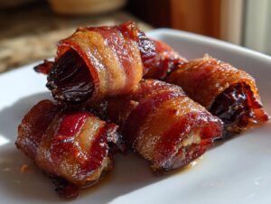 Close-up of several glistening bacon-wrapped dates on a white plate, showcasing the crispy bacon and sweet dates.