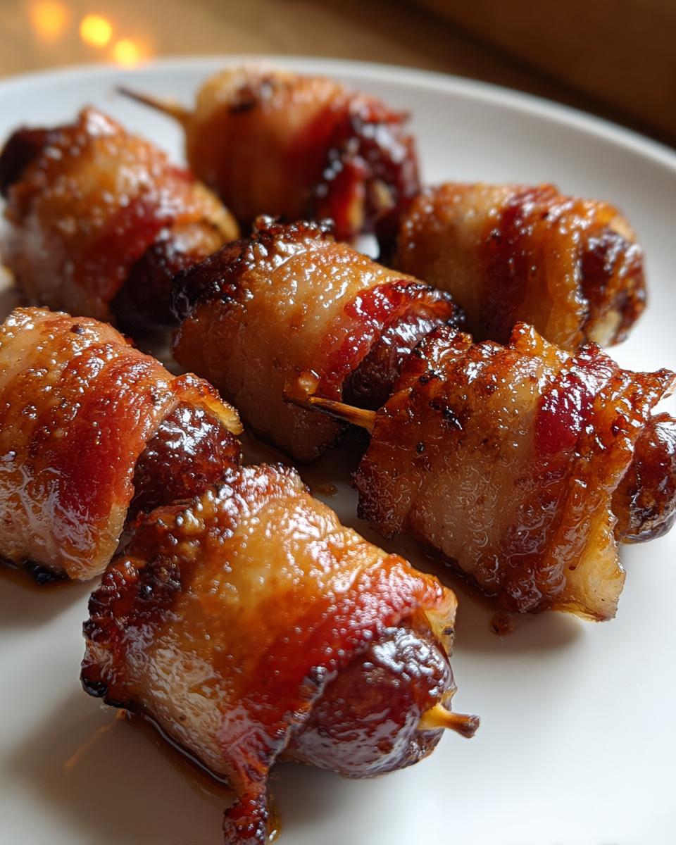 Close-up of several glistening bacon-wrapped dates on a white plate, ready to be served.