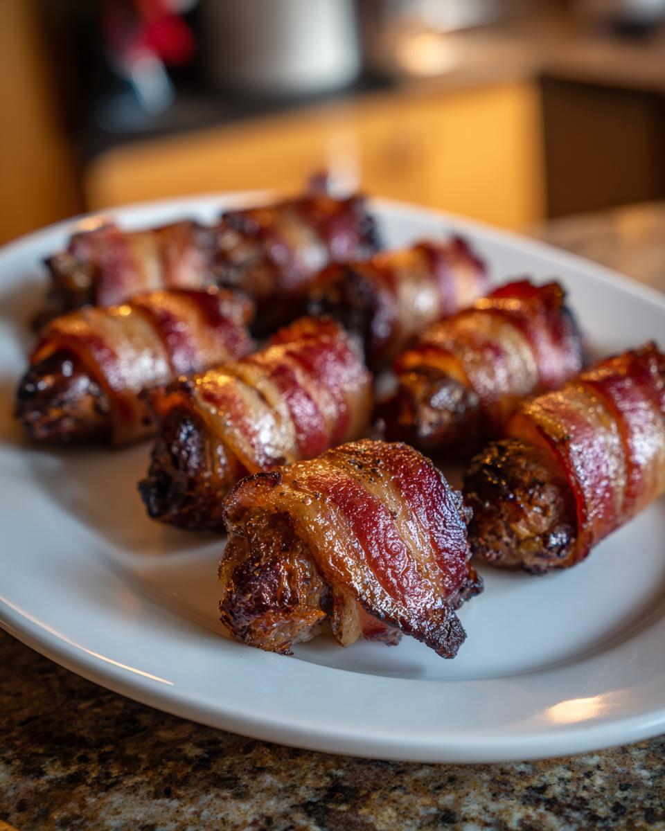 A plate of freshly cooked bacon-wrapped dates, showcasing their crispy texture and rich, caramelized appearance.