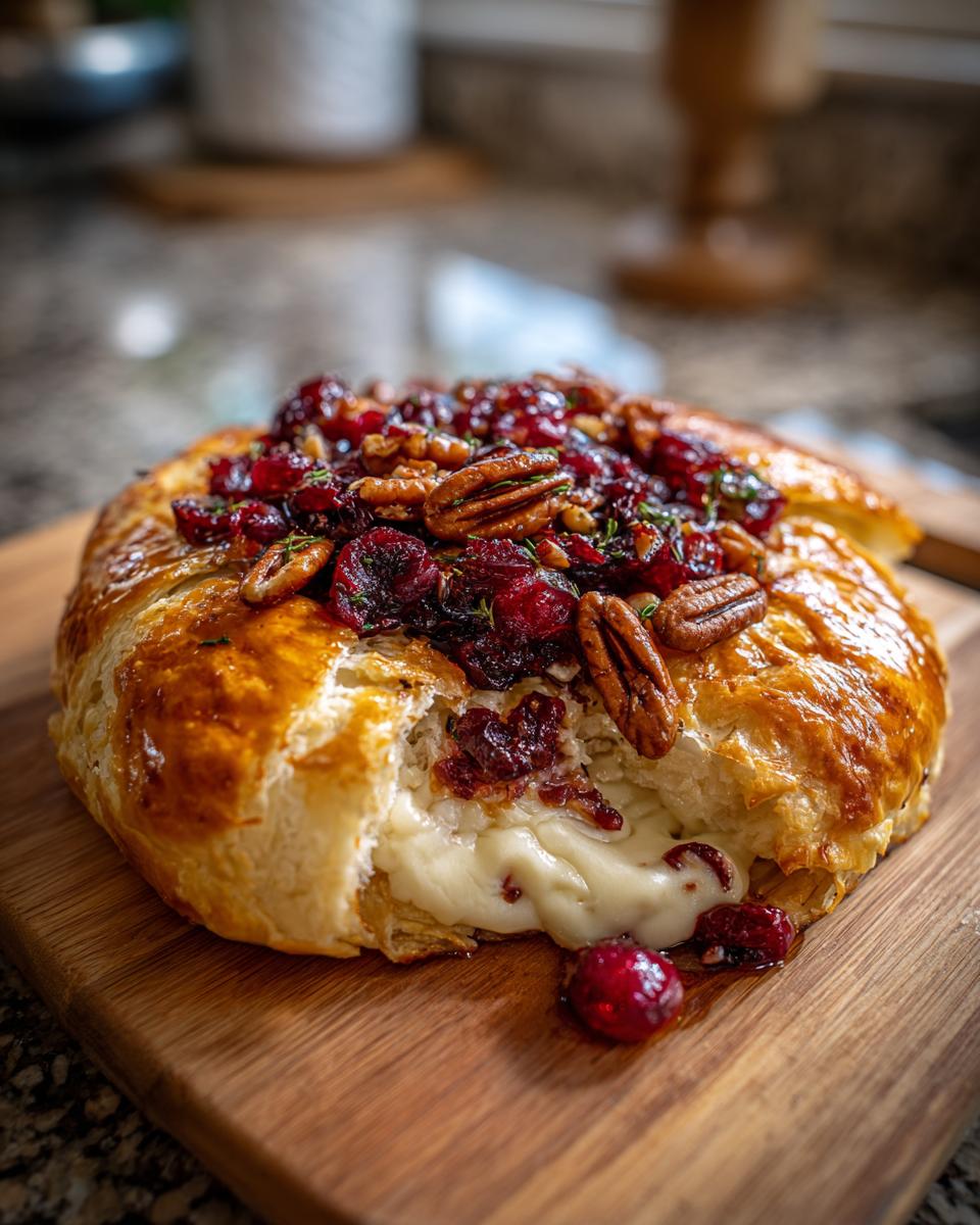 A golden-brown baked brie topped with cranberries, pecans, and herbs, with a gooey center revealed.