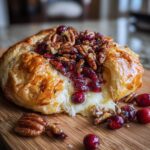 Close-up of a golden-brown baked brie topped with cranberry sauce and pecans, with melted cheese oozing out.