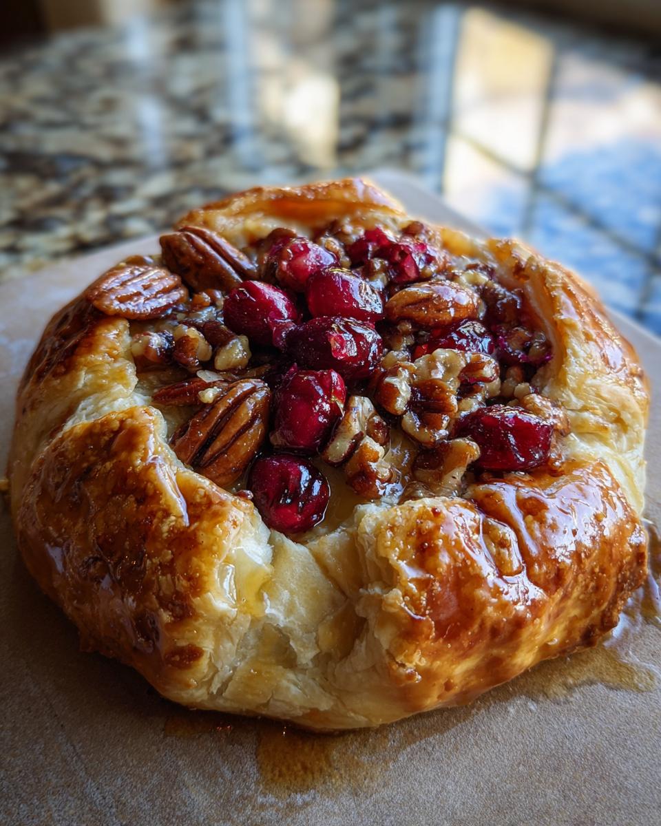 A golden-brown baked brie pastry topped with glistening cranberries and crunchy pecans.