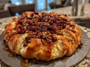A festive baked brie topped with cranberries, pecans, and drizzled with honey, all wrapped in golden puff pastry.