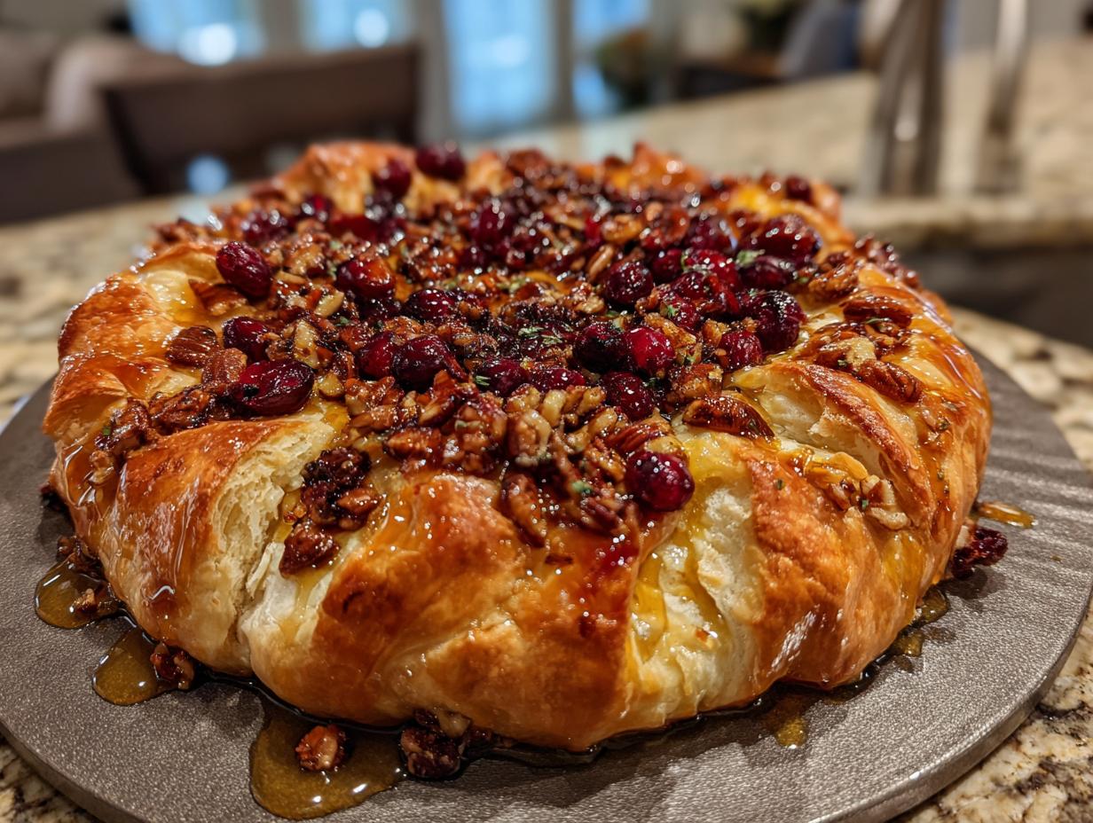 A festive baked brie topped with cranberries, pecans, and drizzled with honey, all wrapped in golden puff pastry.