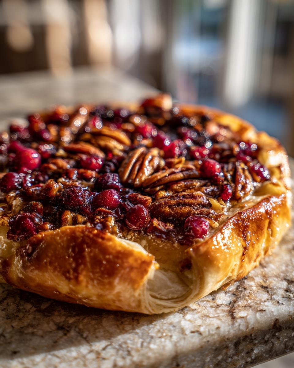 Close-up of a golden-brown baked brie topped with glistening cranberries and pecans.