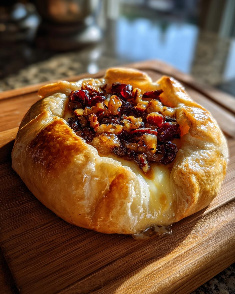 A golden puff pastry parcel filled with melted brie cheese and topped with dried cranberries and nuts.
