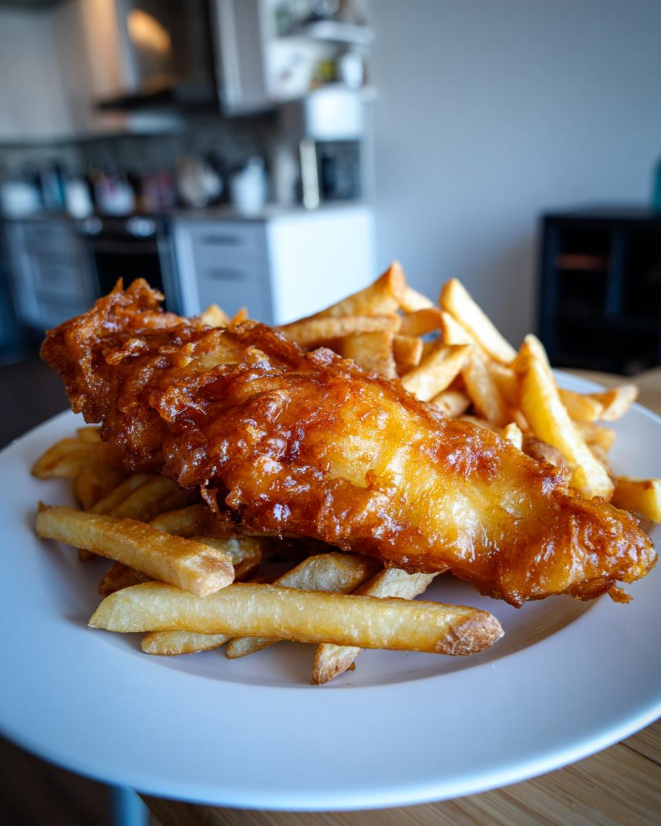A close-up of golden, crispy battered fish resting on a bed of thick-cut chips, classic fish and chips.