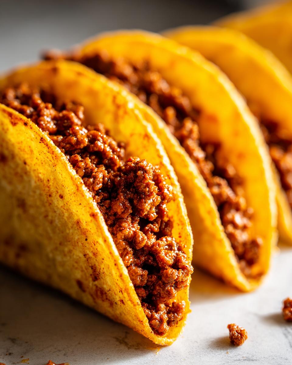 Close-up of three crispy beef tacos filled with seasoned ground beef.