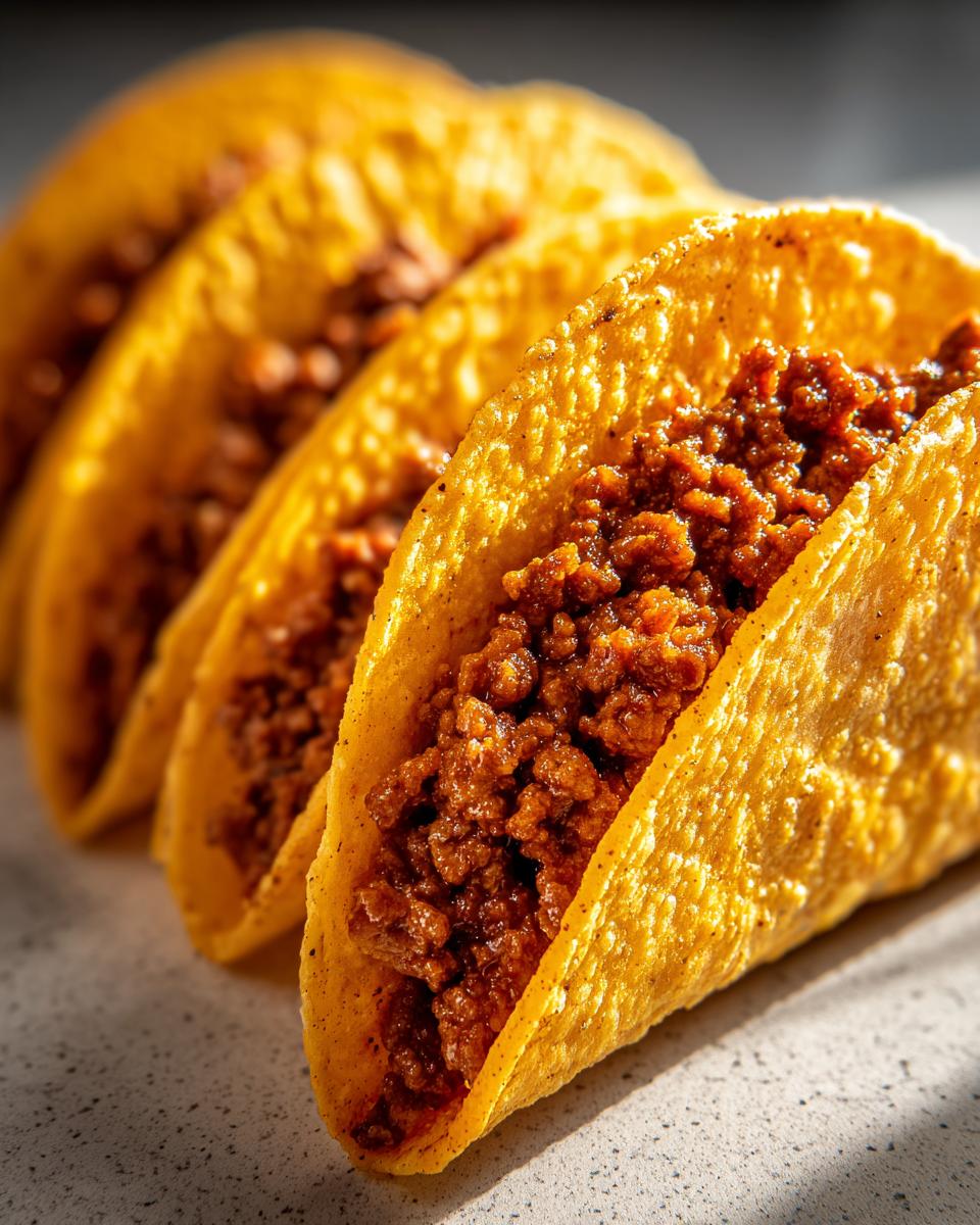 Close-up of three crispy beef tacos filled with seasoned ground beef.