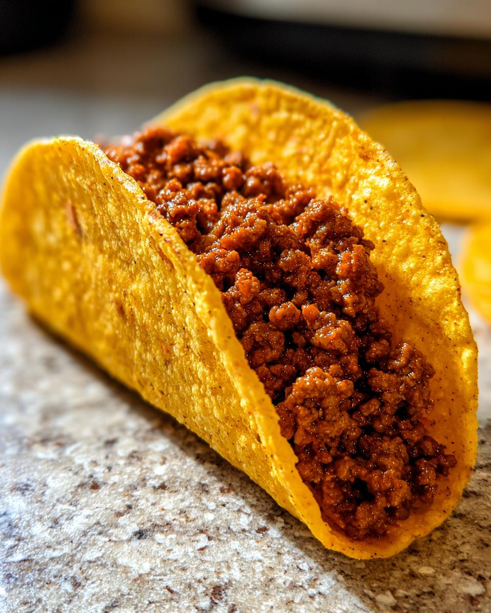 A close-up of a crunchy corn tortilla filled with seasoned ground beef for amazing beef tacos.
