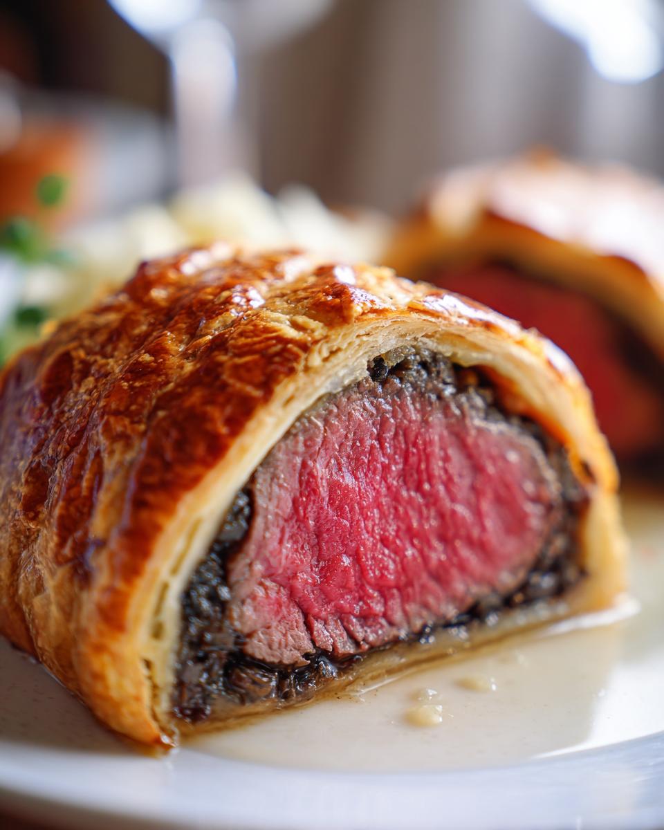 Close-up of a slice of Beef Wellington showing perfectly pink medium-rare tenderloin inside golden puff pastry and duxelles.