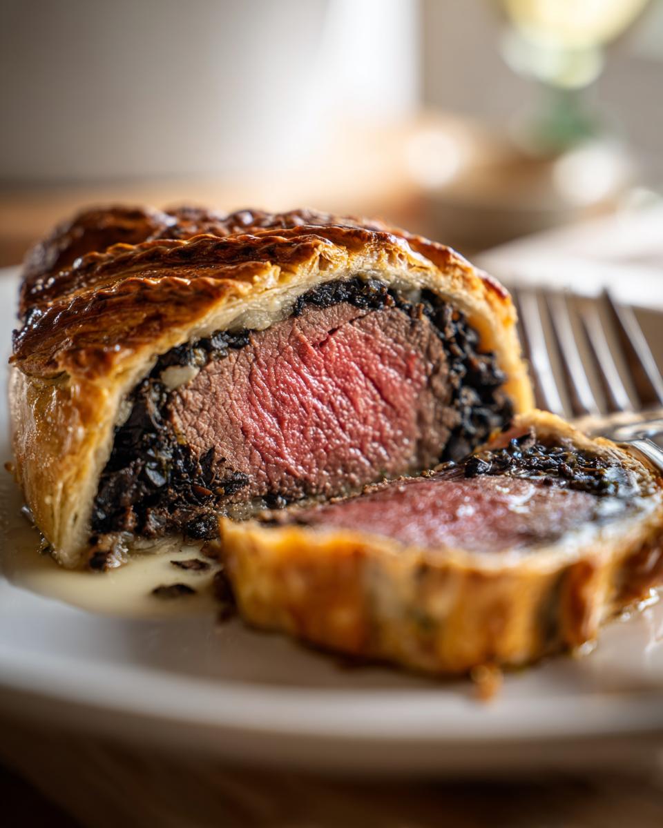 Close-up of a slice of Beef Wellington showing medium-rare pink center and golden pastry.