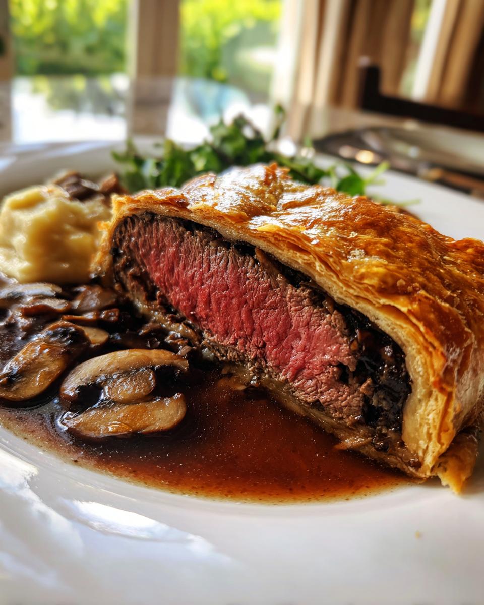 A cross-section slice of Beef Wellington showing a medium-rare center, served with mushroom sauce and mashed potatoes.