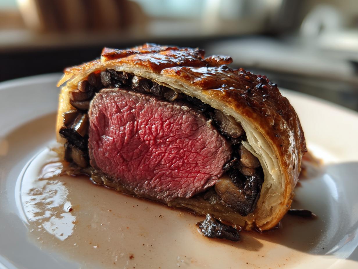 Close-up of a slice of Beef Wellington showing medium-rare pink beef surrounded by duxelles and golden puff pastry.