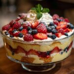 A stunning Trifle dessert in a glass bowl, layered with sponge cake, custard, berries, and whipped cream, topped with fresh fruit and mint.