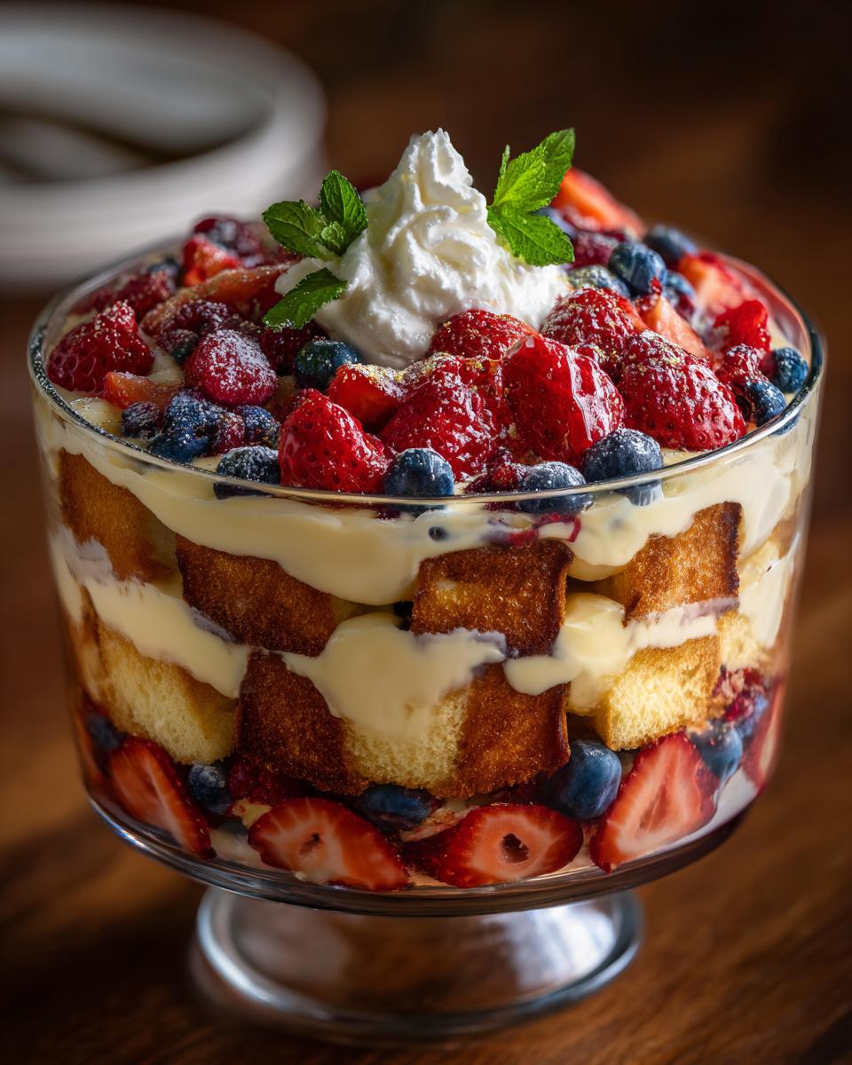 A close-up of a stunning trifle dessert with layers of sponge cake, custard, fresh strawberries, blueberries, and whipped cream.