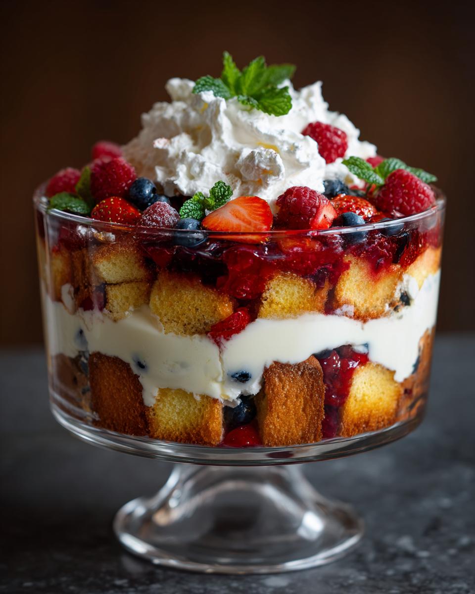A stunning layered Trifle dessert in a glass bowl, featuring sponge cake, berries, custard, and whipped cream.
