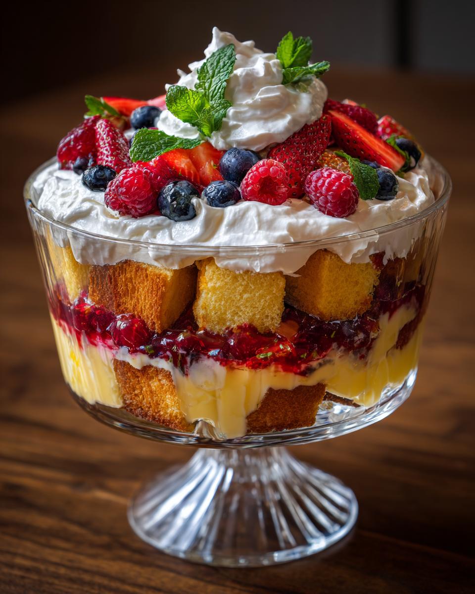 A stunning glass trifle bowl filled with layers of sponge cake, berry compote, custard, and topped with whipped cream and fresh berries.