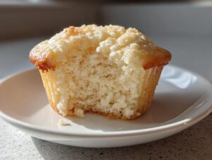 A vanilla cupcake with a bite taken out, showing the moist, fluffy crumb texture on a white plate.