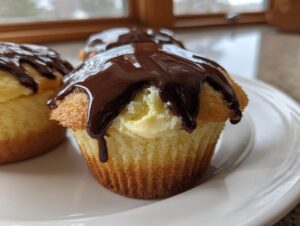 A close-up of a boston cream pie cupcake filled with cream and topped with rich, dripping chocolate ganache.