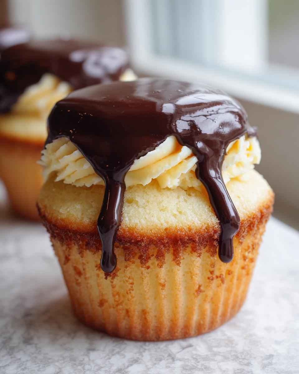 A close-up of one of the finished boston cream pie cupcakes, topped with vanilla frosting and dripping dark chocolate ganache.