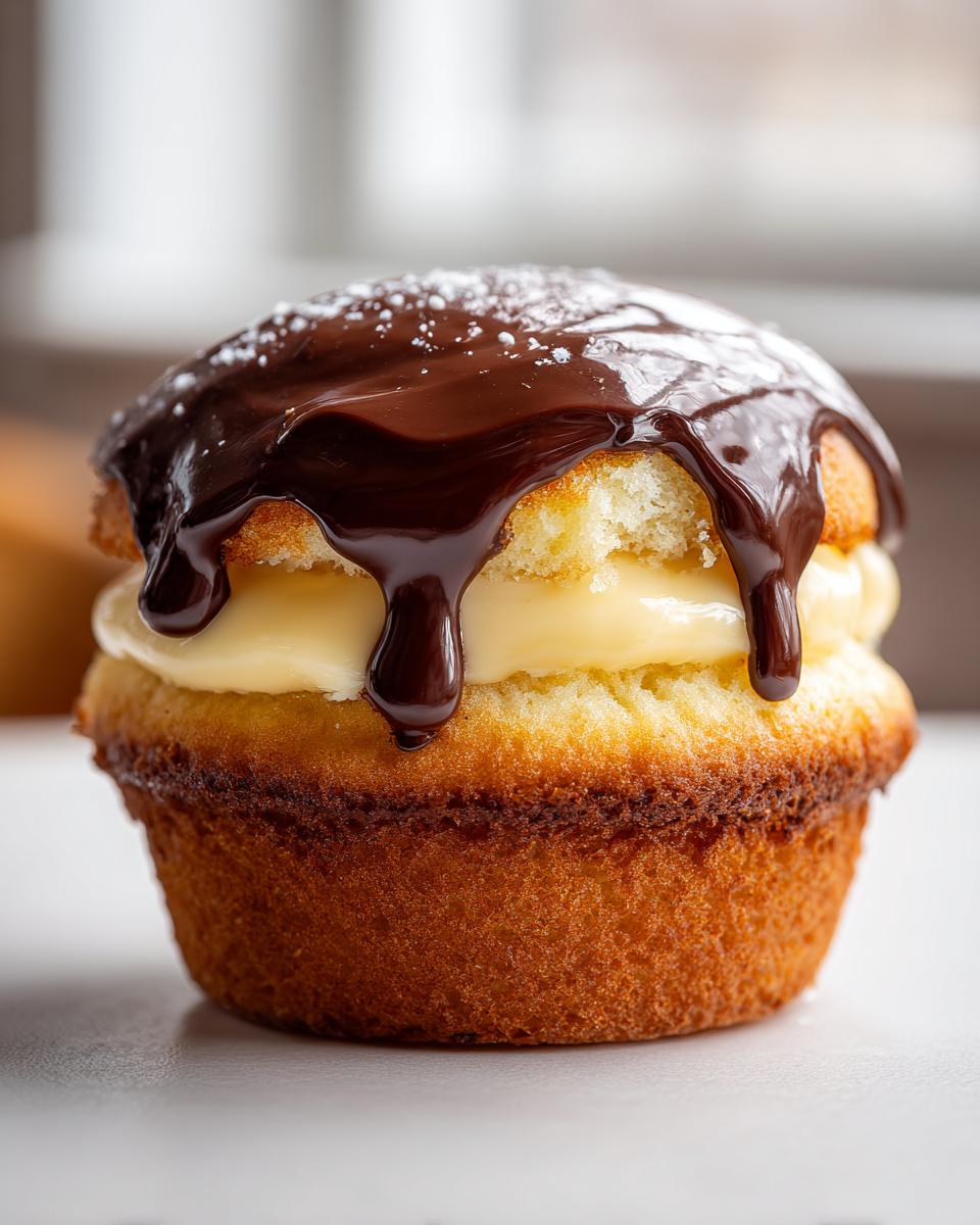 A close-up of a single boston cream pie cupcake, split and filled with vanilla cream and topped with dripping chocolate ganache.