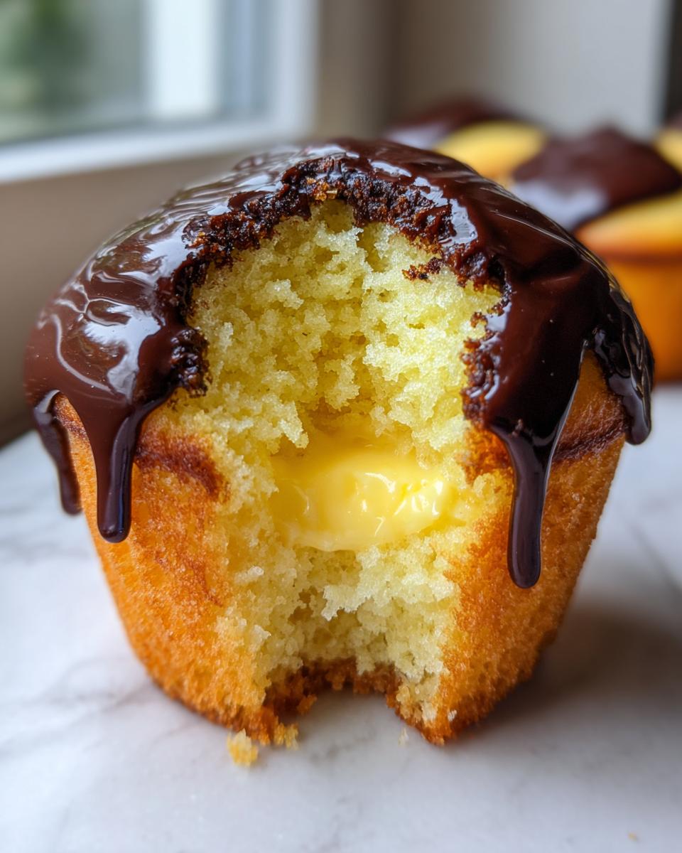 A close-up of a boston cream pie cupcake with a bite taken out, revealing vanilla custard filling and chocolate ganache topping.