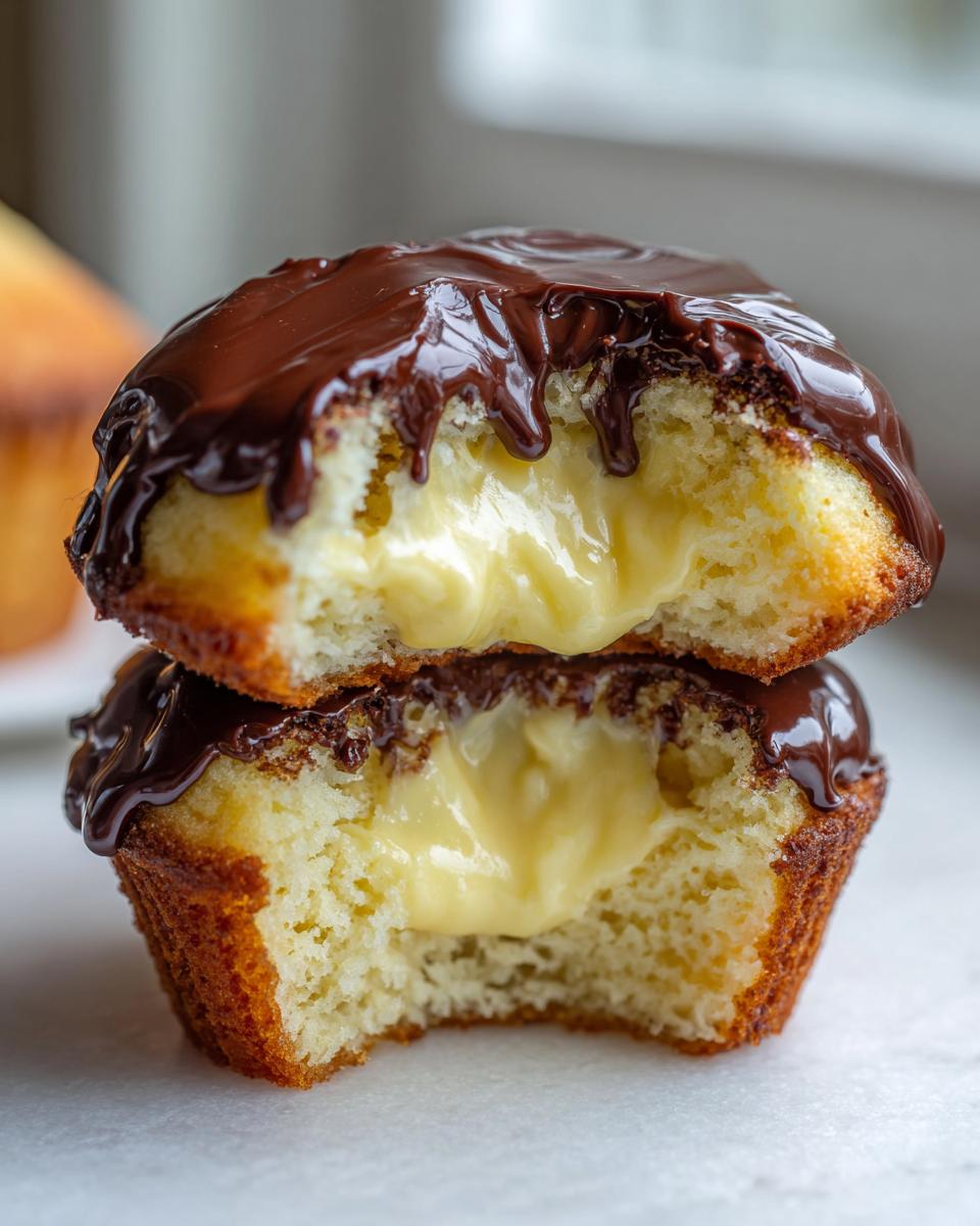 Two halves of a boston cream pie cupcakes stacked, showing the rich vanilla cake, creamy filling, and chocolate ganache topping.