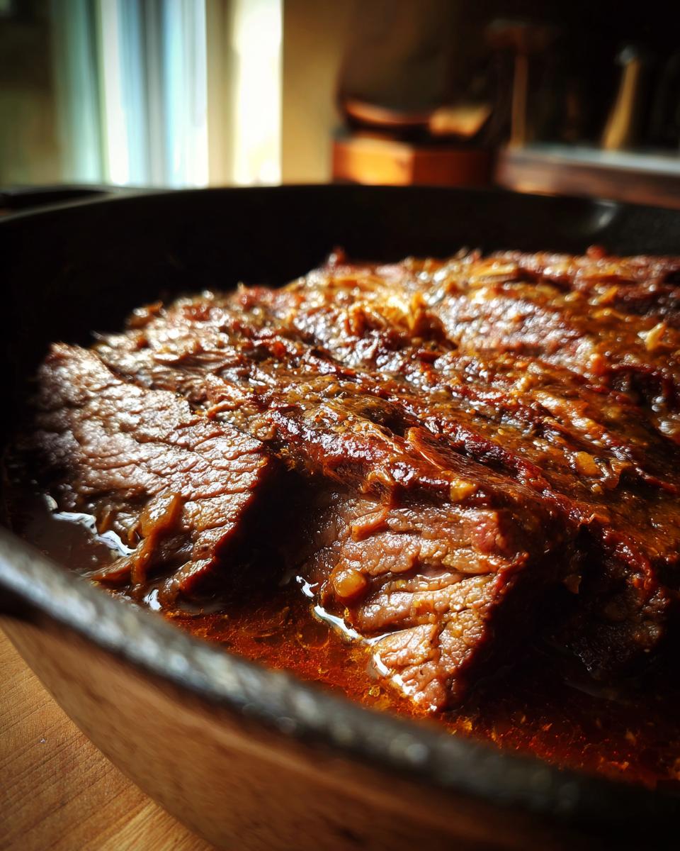 Close-up of a juicy, tender braised brisket in a cast iron skillet, coated in rich sauce.