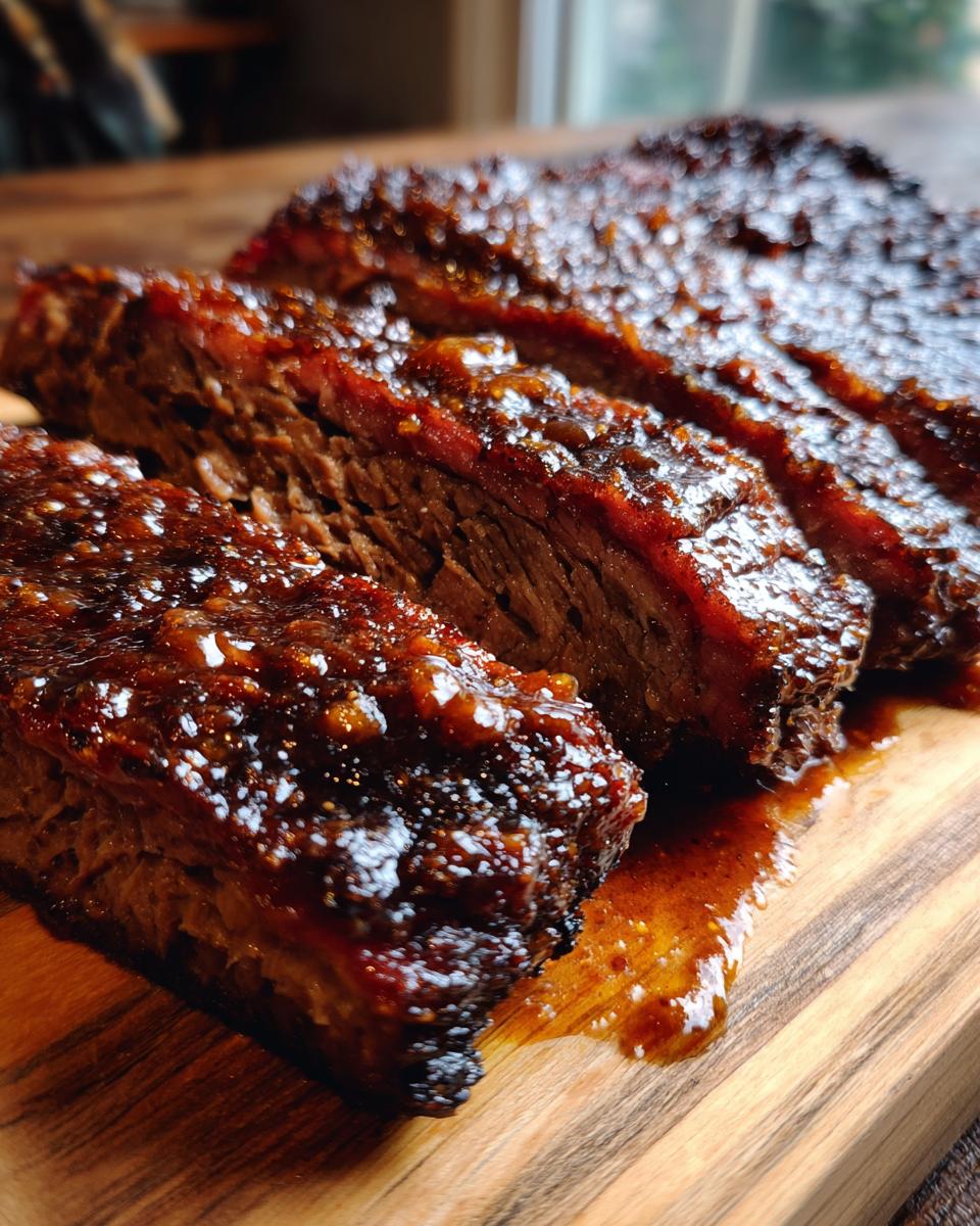 Close-up of thick, juicy slices of braised brisket coated in a rich, glossy glaze on a wooden cutting board.