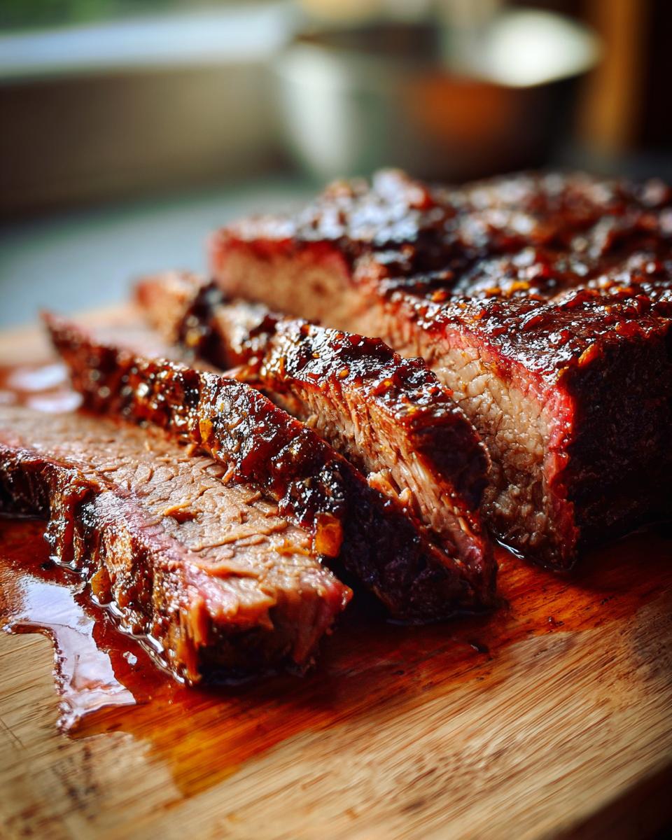 Close-up of tender, juicy braised brisket sliced on a wooden cutting board, glistening with sauce.
