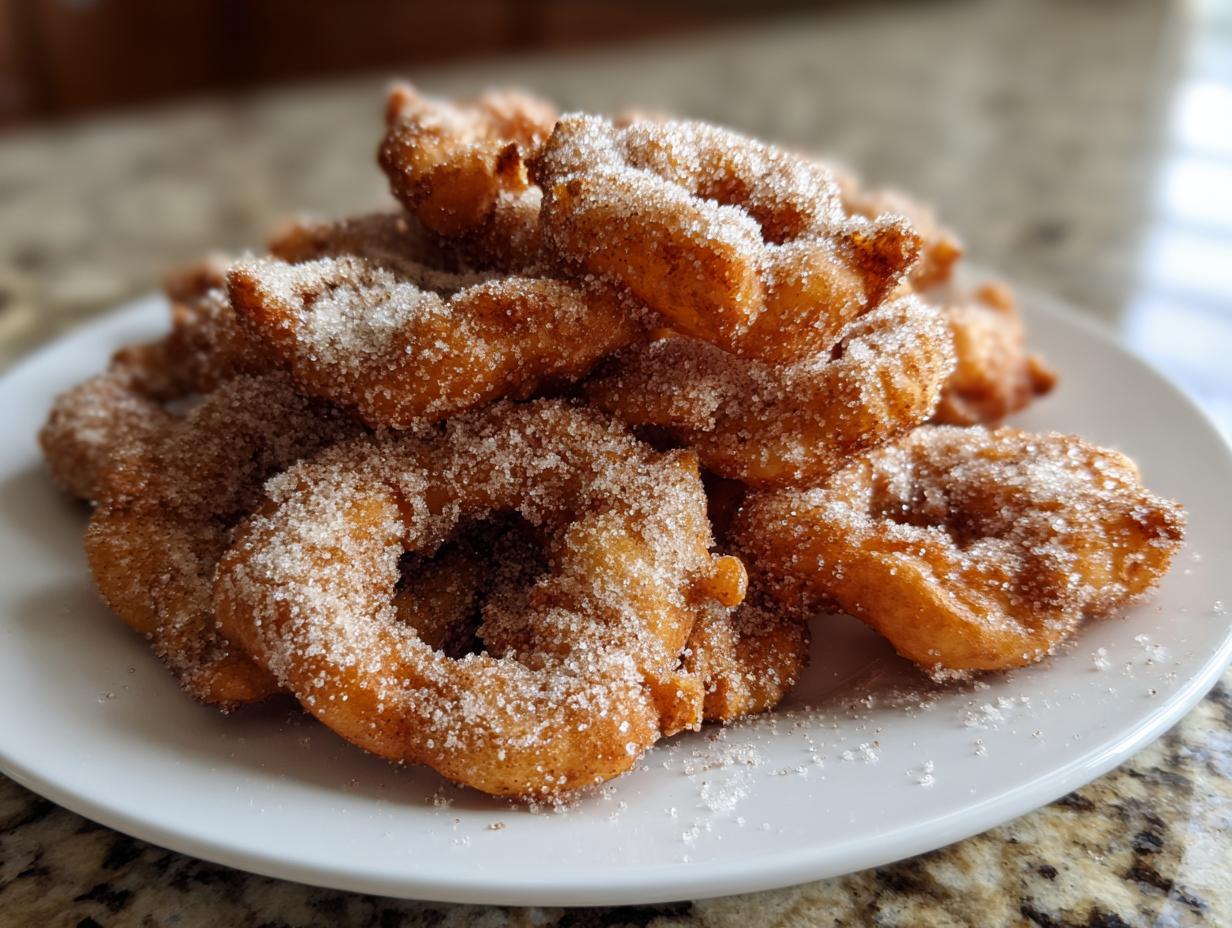 A close-up of freshly fried Buñuelos generously coated in cinnamon sugar, piled high on a white plate.