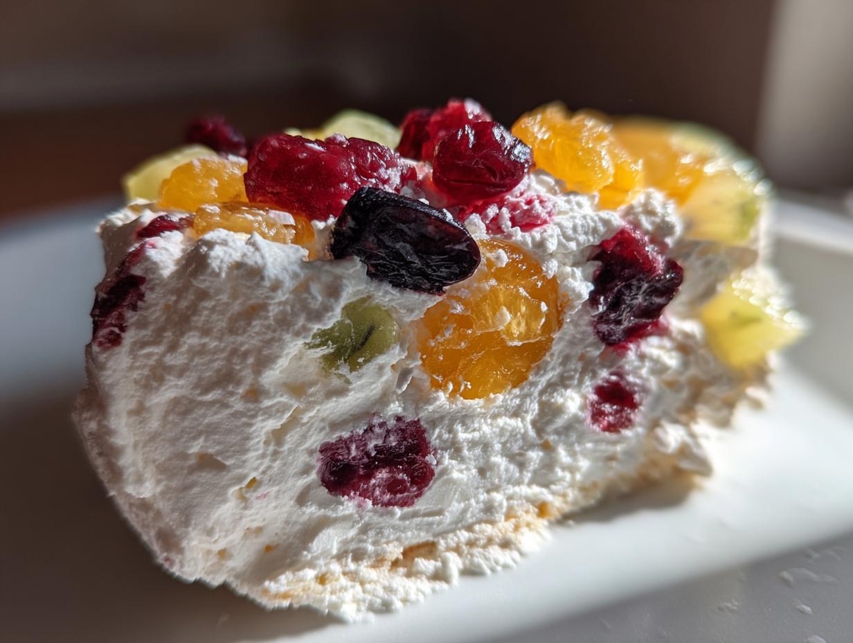 A close-up of a serving of cheesecake fruit salad featuring whipped cream mixed with colorful dried and fresh fruit pieces.