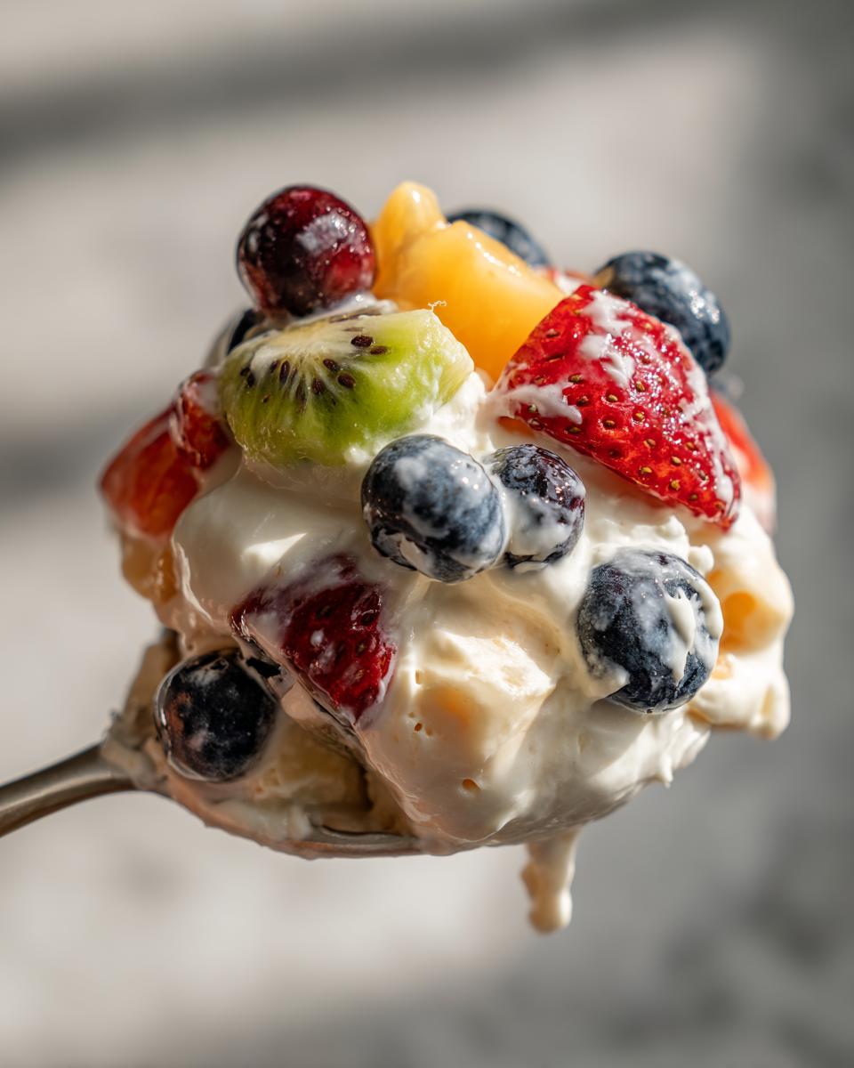 Close-up of a spoonful of creamy cheesecake fruit salad topped with fresh blueberries, strawberries, kiwi, and peach pieces.