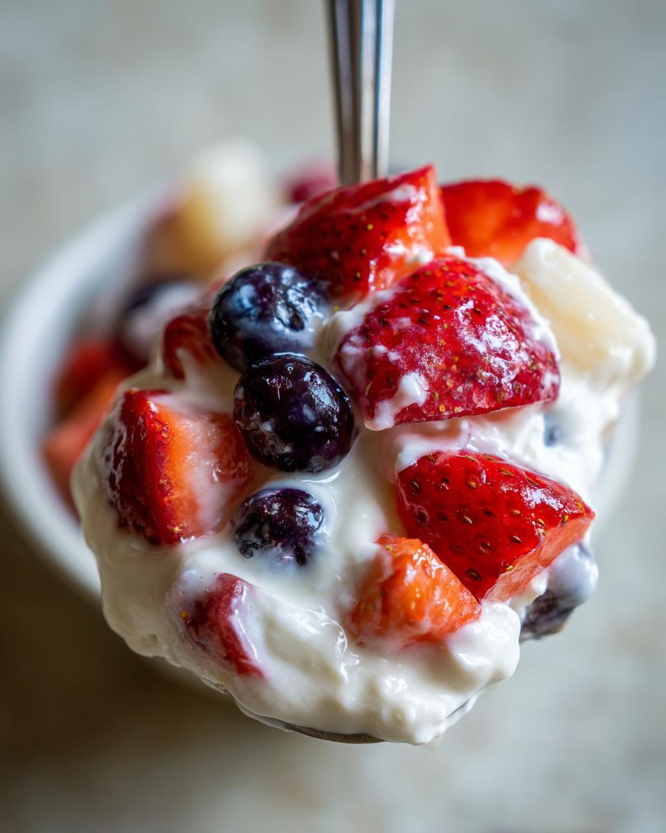A spoonful of creamy cheesecake fruit salad featuring strawberries, blueberries, and a creamy dressing.