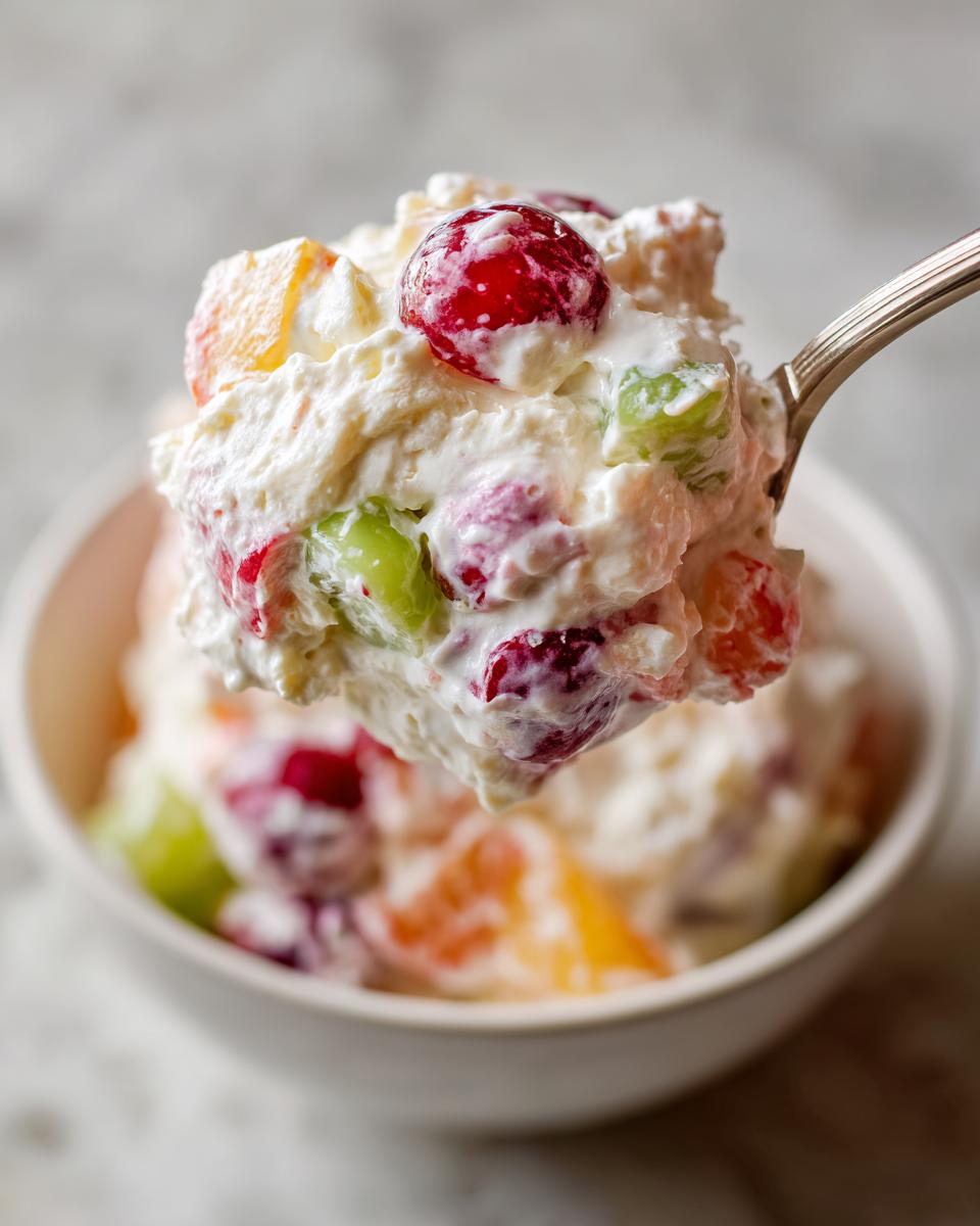 A spoonful of creamy cheesecake fruit salad featuring red grapes, green grapes, and orange segments mixed in a white, fluffy dressing.