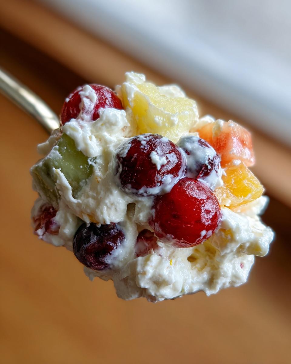 A spoonful of creamy cheesecake fruit salad featuring red grapes, pineapple, and kiwi.