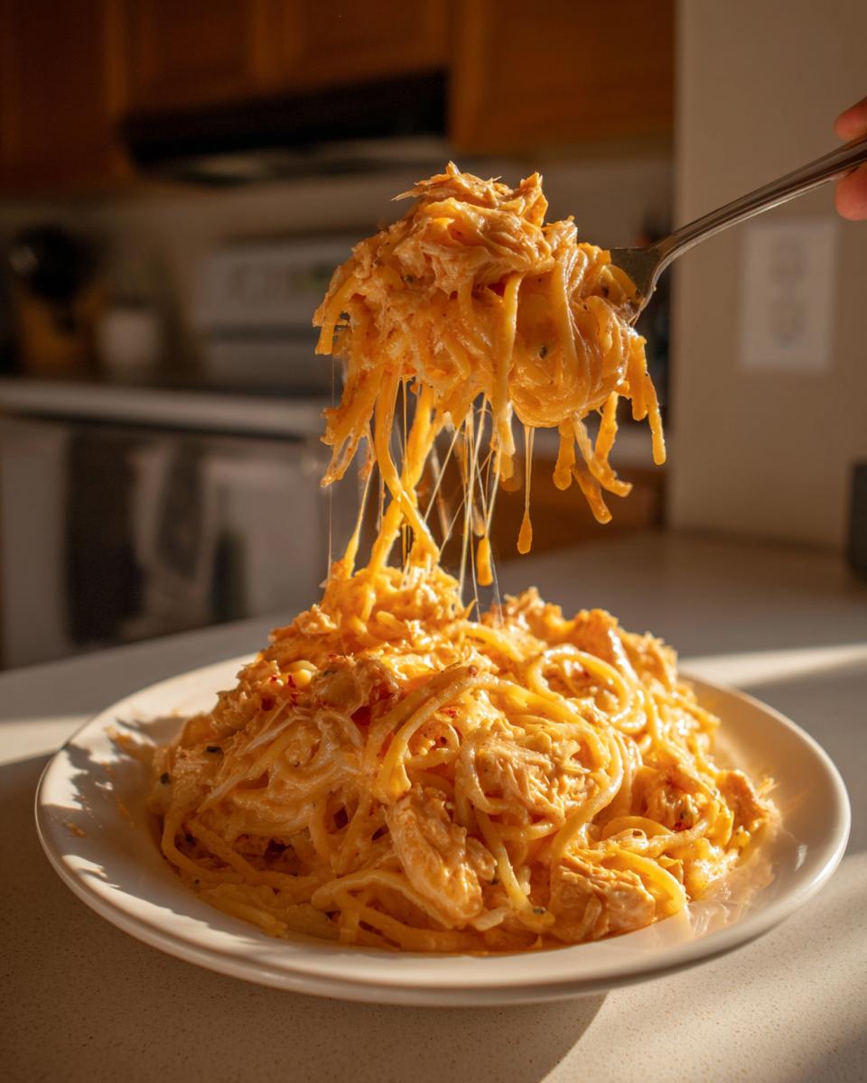 A fork lifting a large serving of creamy Monterey Chicken Spaghetti with visible cheese pulls over a full plate.