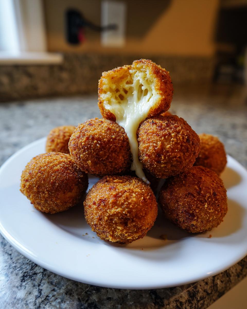 A stack of golden brown, crispy rice balls with one broken open showing melted, gooey cheese stretching out.